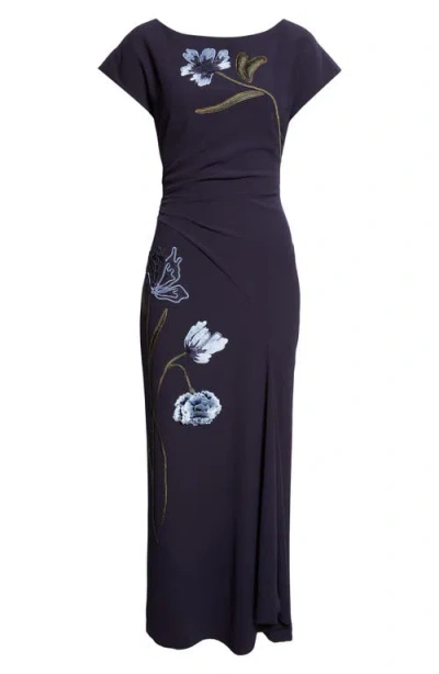 Lela Rose Floral Cord Embroidery Stretch Crepe Cascade Gown In Blue