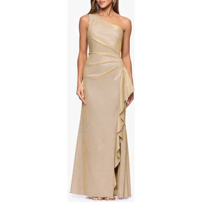 Xscape Evenings Glitter Galaxy Ruffle One-shoulder Gown In Neutral