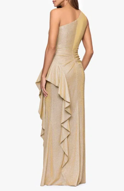 Xscape Evenings Glitter Galaxy Ruffle One-shoulder Gown In Neutral