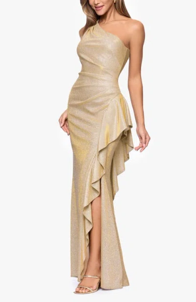 Xscape Evenings Glitter Galaxy Ruffle One-shoulder Gown In Neutral