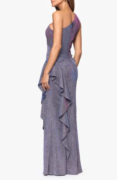 Xscape Evenings Glitter Galaxy Ruffle One-shoulder Gown In Blue
