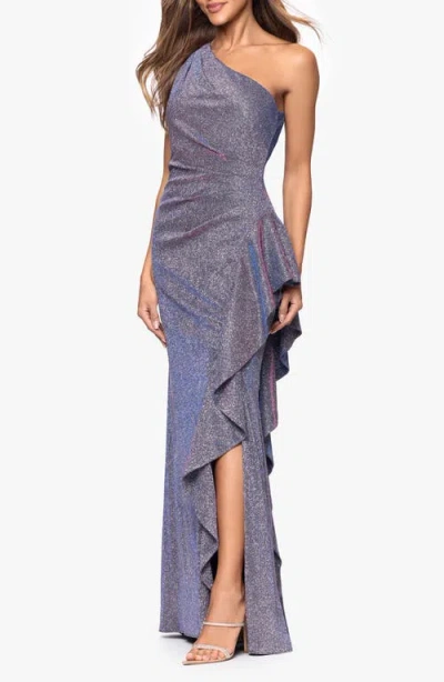 Xscape Evenings Glitter Galaxy Ruffle One-shoulder Gown In Blue