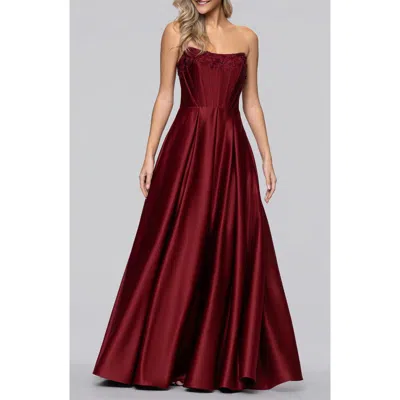 Blondie Nites Lam Corset Strapless Satin Gown In Burgundy