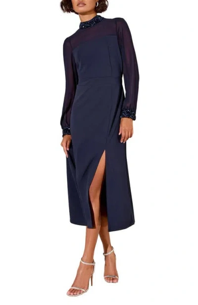 Friends Like These Long Sleeve Mixed Media Cocktail Dress In Blue