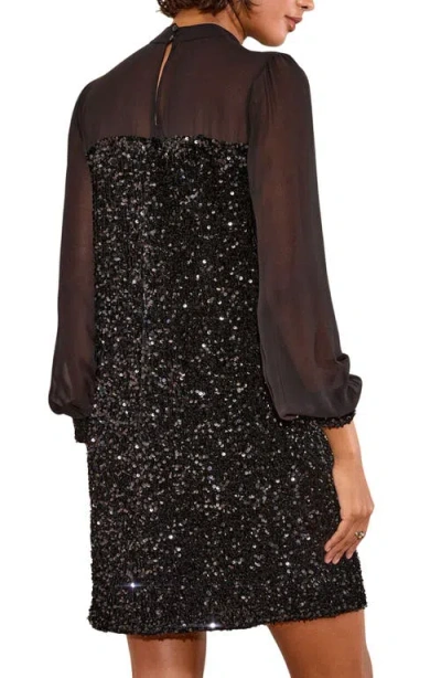 Friends Like These Long Sleeve Sequin & Chiffon Party Dress In Black