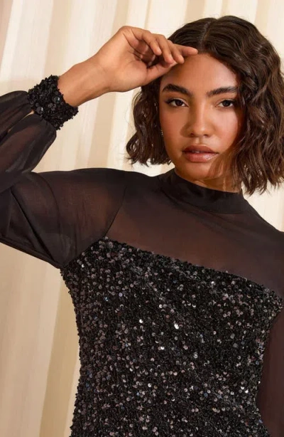 Friends Like These Long Sleeve Sequin & Chiffon Party Dress In Black