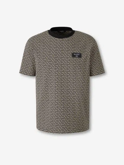 Balmain Men Jacquard T-shirt With Pb Labyrinth Monogram In Gray
