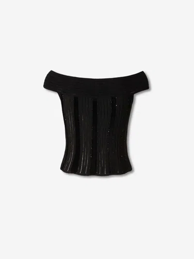 Balmain Off-the-shoulder Glittered Velvet And Ribbed-knit Top In Black