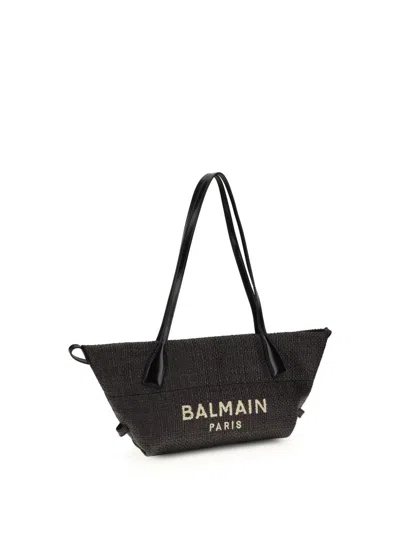 Balmain Women Calfskin And Raffia Track Shoulder Bag In Black