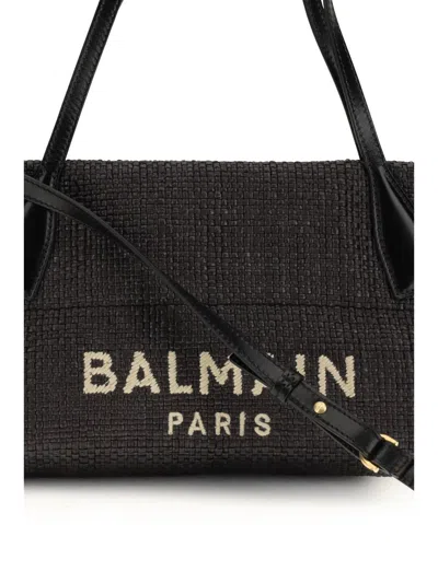Balmain Women Calfskin And Raffia Track Shoulder Bag In Black