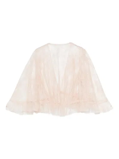 Alberta Ferretti Lace Cropped Top Sheer Flared Sleeves Drawstring In Neutral