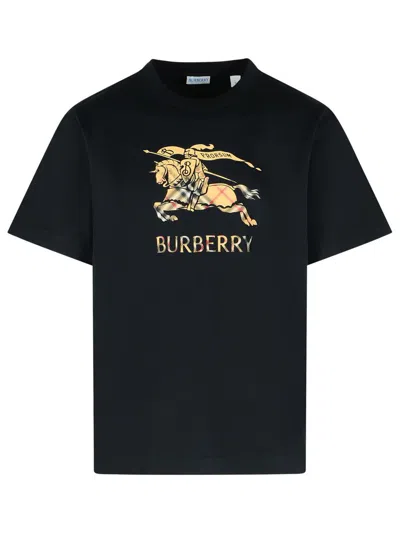 Burberry Men Black Crewneck T-shirt With Ekd And Logo Lettering Embroidery On The Front In Cotton Ma