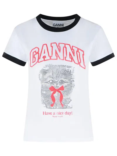 Ganni Women White Crewneck T-shirt With Maxi Print On The Front In Cotton Woman In Multi