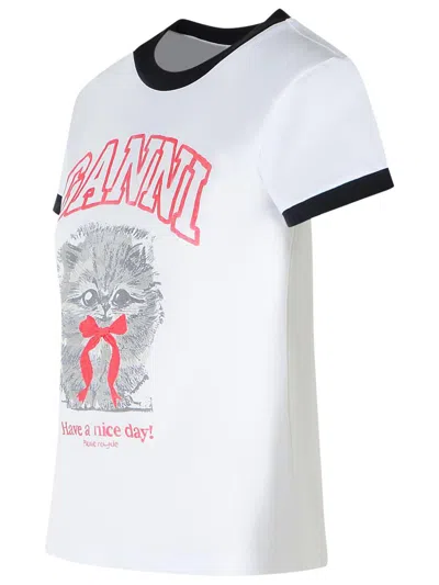 Ganni Women White Crewneck T-shirt With Maxi Print On The Front In Cotton Woman In Multi