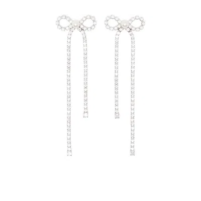 Self-portrait Crystal And Faux Pearl Bow Drop Earrings In Metallic