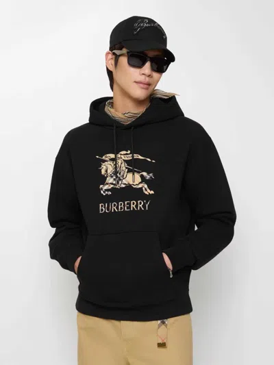 Burberry Men Black Hoodie With Drawstring Hood And Ekd Print And Logo Lettering On The Front In Cott In Black