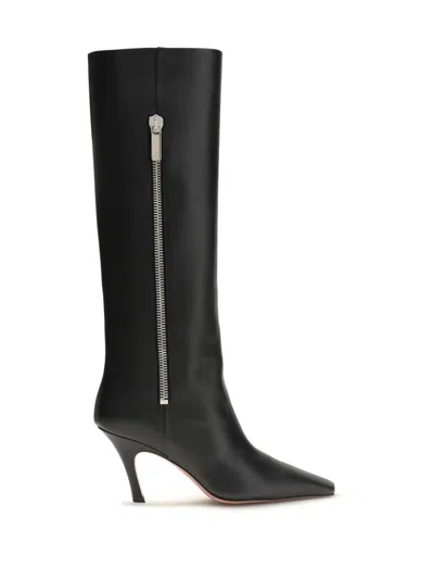 Amina Muaddi Black Calf Leather Bos Taurus High Heel Boots In Black