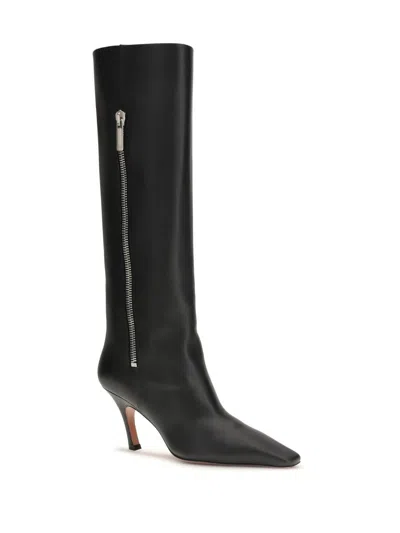 Amina Muaddi Black Calf Leather Bos Taurus High Heel Boots In Black