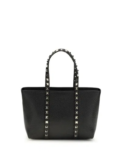 Valentino Garavani Rockstud Mini Tote In Hammered Leather In Black