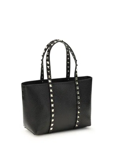Valentino Garavani Rockstud Mini Tote In Hammered Leather In Black
