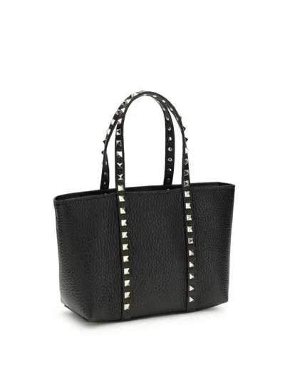 Valentino Garavani Rockstud Mini Tote In Hammered Leather In Black