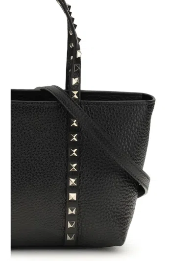 Valentino Garavani Rockstud Mini Tote In Hammered Leather In Black