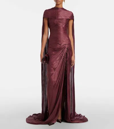 Marmar Halim Draped Pleated Scarf-detail Gown In Burgundy