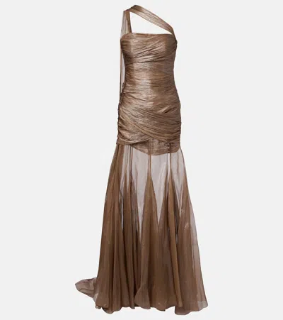 Maria Lucia Hohan Marimar One-shoulder Silk Bustier Gown In Brown