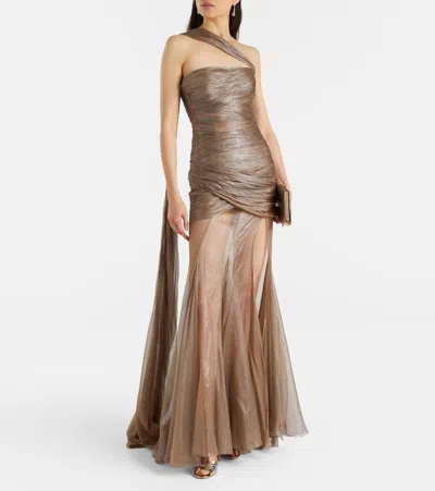 Maria Lucia Hohan Marimar One-shoulder Silk Bustier Gown In Brown