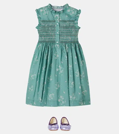 Bonpoint Fabiola Smocked Floral Cotton Dress In Green