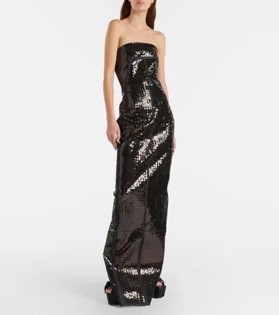 Rick Owens Sequined Denim Bustier Gown In Black