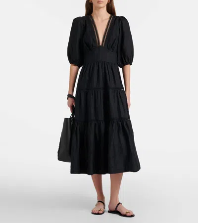 Heidi Klein Meteora Lace-trimmed Linen Midi Dress In Black