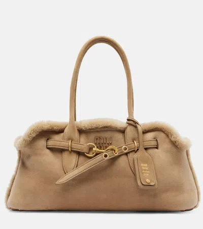 Miu Miu Adventure Shearling-lined Suede Tote Bag In Neutral