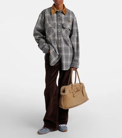 Miu Miu Adventure Shearling-lined Suede Tote Bag In Neutral