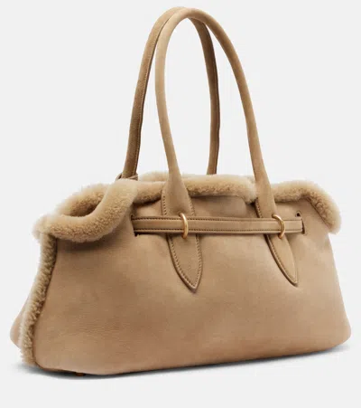 Miu Miu Adventure Shearling-lined Suede Tote Bag In Neutral