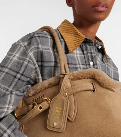 Miu Miu Adventure Shearling-lined Suede Tote Bag In Neutral