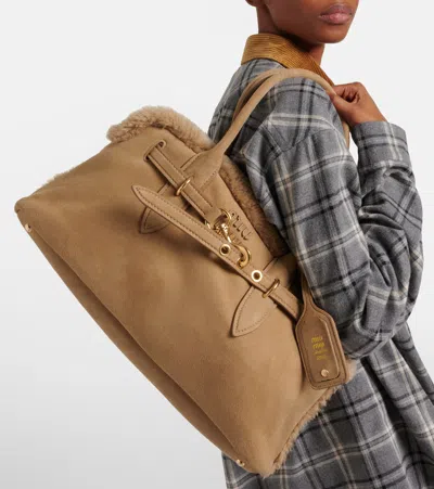 Miu Miu Adventure Shearling-lined Suede Tote Bag In Neutral
