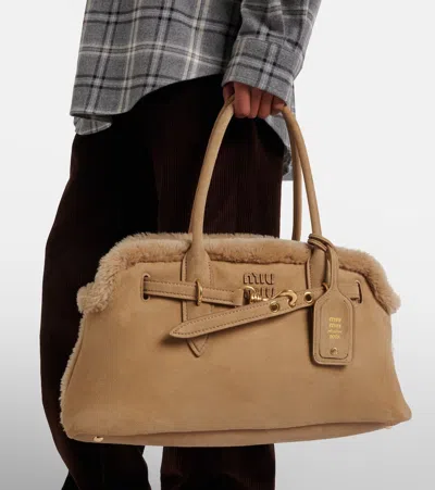 Miu Miu Adventure Shearling-lined Suede Tote Bag In Neutral