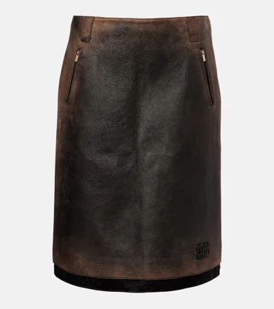 Miu Miu Suede-trimmed Leather Midi Skirt In Black
