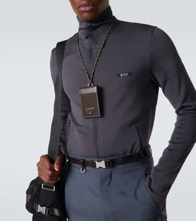 Prada Speedrock Re-nylon Card Case With Strap In Brown