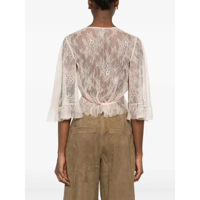 Alberta Ferretti Lace Cropped Top Sheer Flared Sleeves Drawstring In Neutral