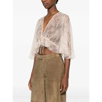 Alberta Ferretti Lace Cropped Top Sheer Flared Sleeves Drawstring In Neutral