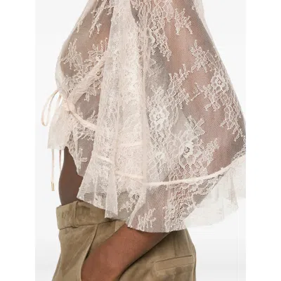 Alberta Ferretti Lace Cropped Top Sheer Flared Sleeves Drawstring In Neutral