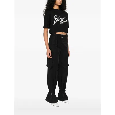 Balmain Black Round Neck Logo Detail Crop T-shirt In Black