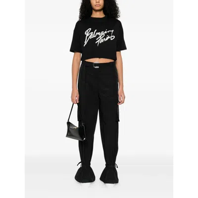 Balmain Black Round Neck Logo Detail Crop T-shirt In Black
