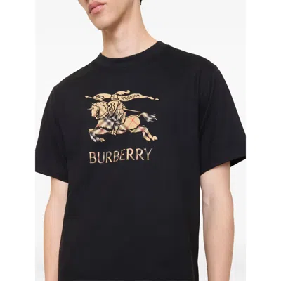Burberry Men Black Crewneck T-shirt With Ekd And Logo Lettering Embroidery On The Front In Cotton Ma