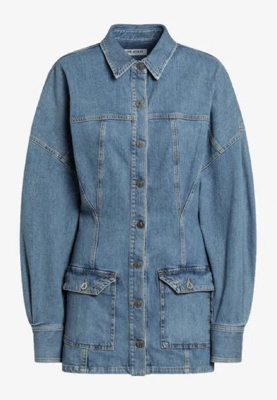 Attico Denim Mini Dress Front Pockets Long Sleeves In Blue