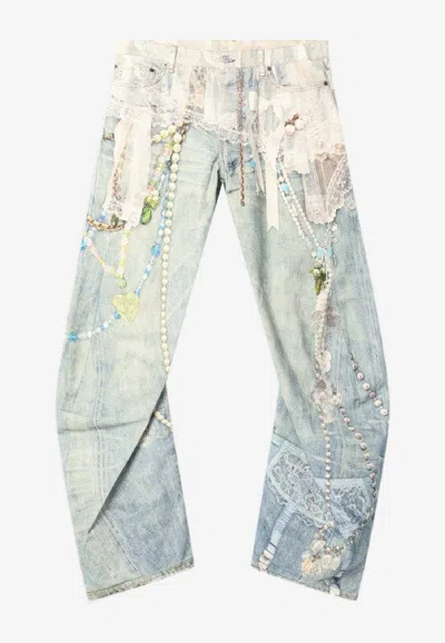 Acne Studios Distressed Printed Barrel-leg Jeans In Blue