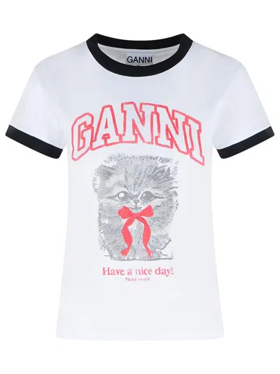 Ganni Women White Crewneck T-shirt With Maxi Print On The Front In Cotton Woman In Multi