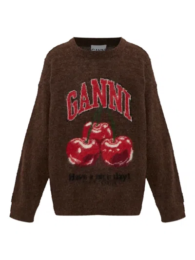 Ganni Brushed Alpaca Graphic Oversized Sweater In Brown